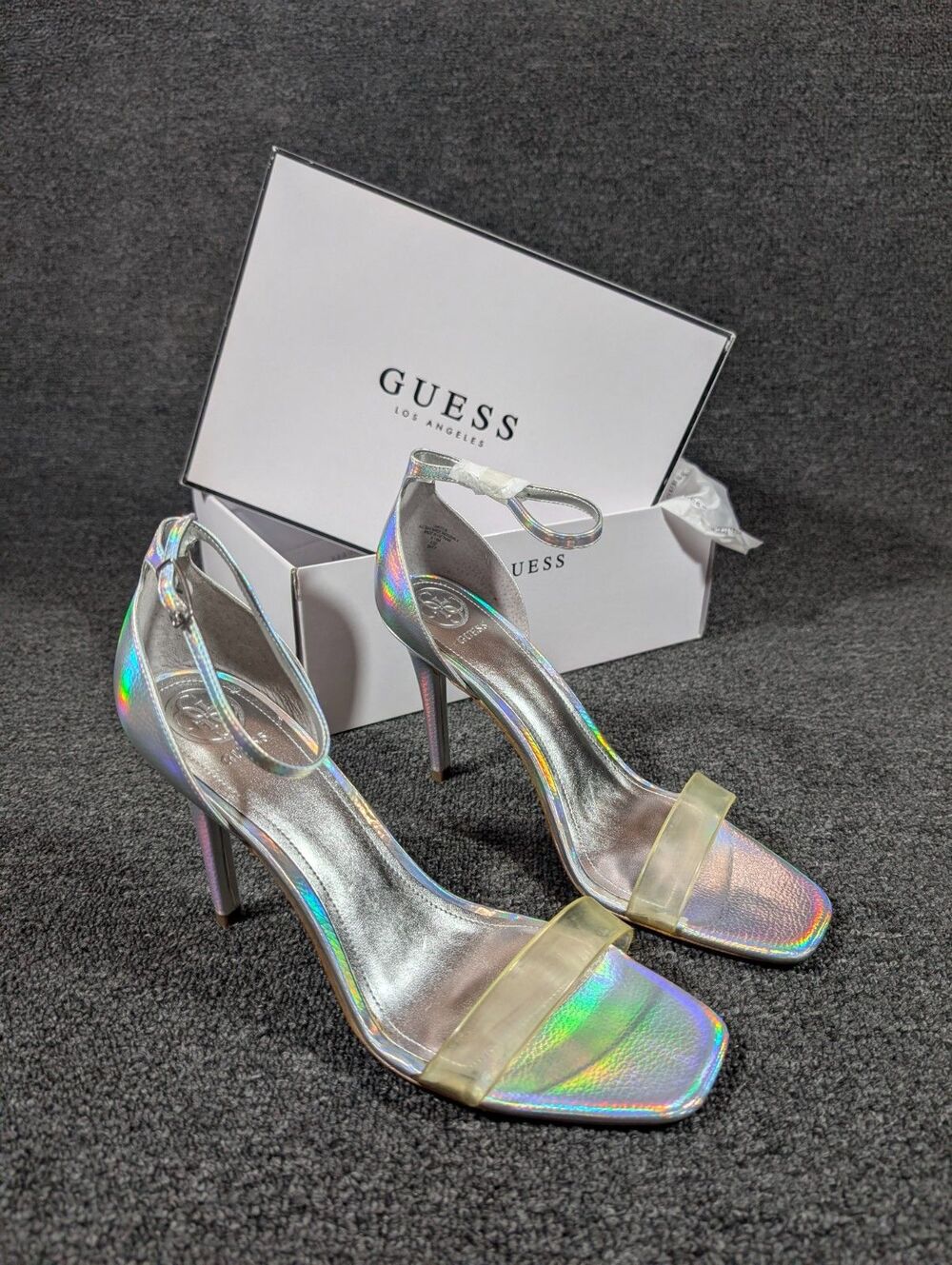 GUESS Womens 9.5 Silver Square Toe Stiletto Heeled Sandal Ankle Strap - Picture 4 of 8